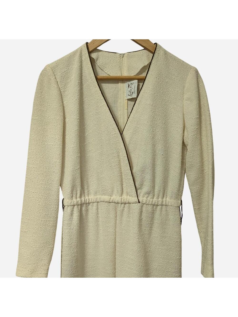 Leslie Fay Vintage 1970s Ivory Brown Trim Cross Front Dress Union Made size 8